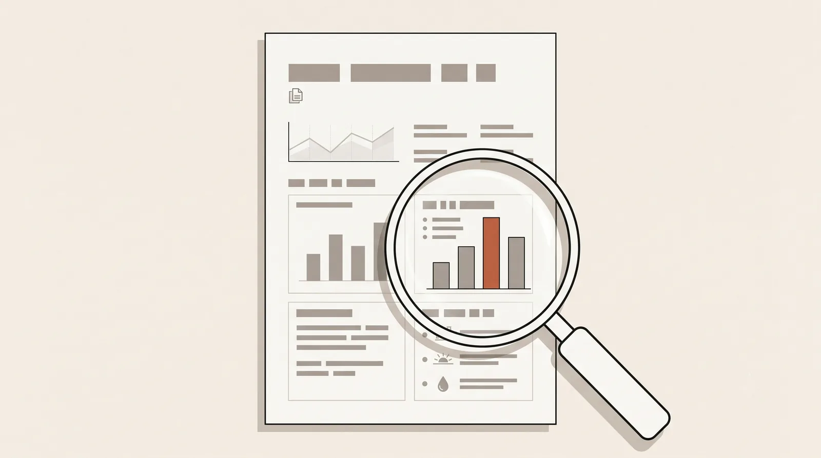 A magnifying glass over an AI visibility report, highlighting a rising bar in a chart